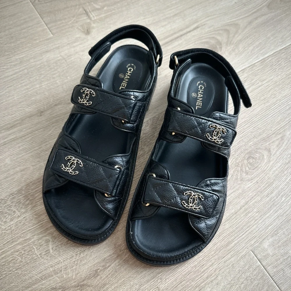 CHANEL Black Leather Logo Sandals - Picture 1 of 5